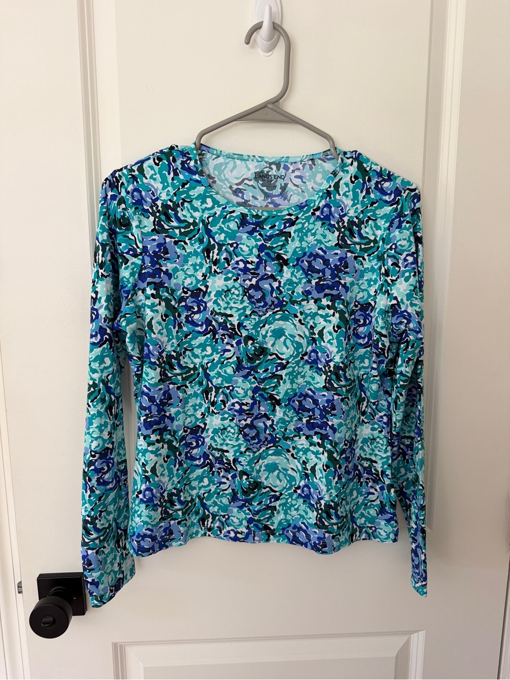 Lands' End Long Sleeve Floral Swim Sun UPF 50 Top Teal Blue Preppy Modest summer
